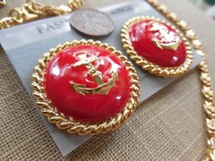 Vintage NOS Quality Nautical red enamel gt Anchor Crown necklace earring set D62