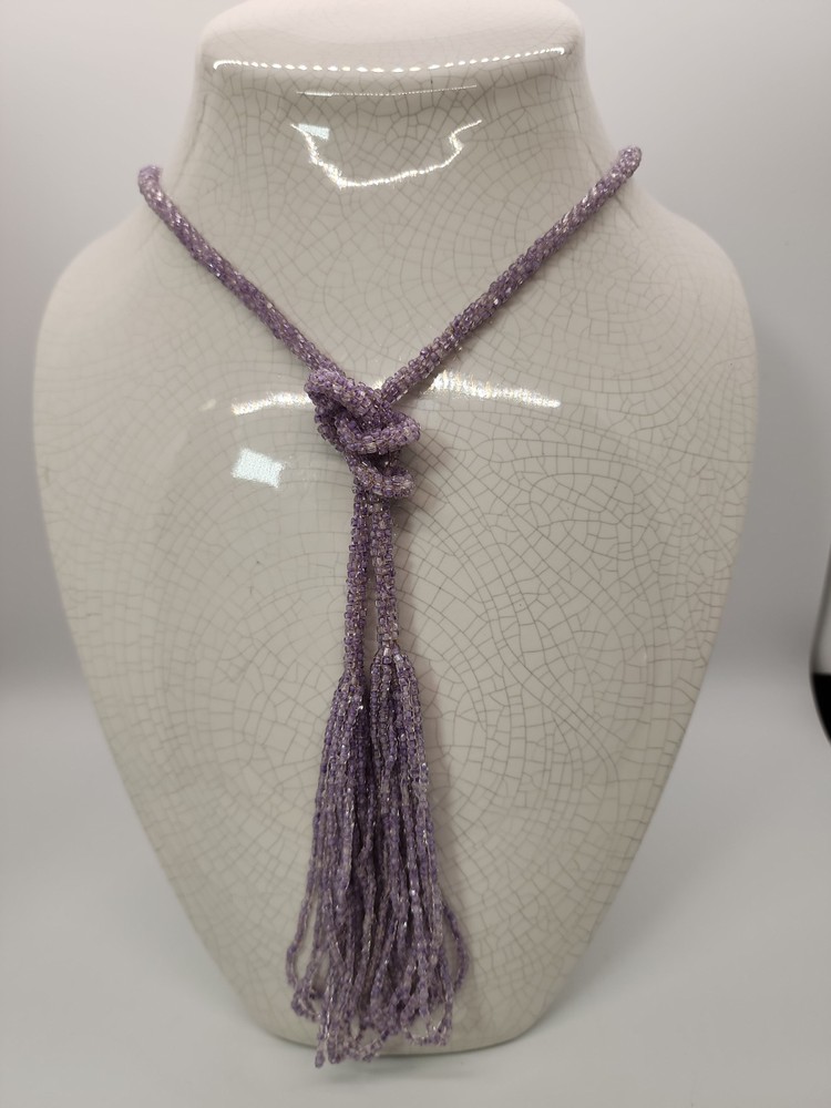 Antique Art Deco Lariat/Sautoir Necklace Micro Lavender Beaded Crochet w/ Tassel