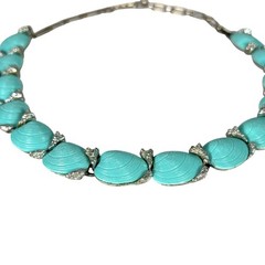Vintage Turquoise Blue Lucite Sea SHELLS Silver Metal Link Choker Necklace