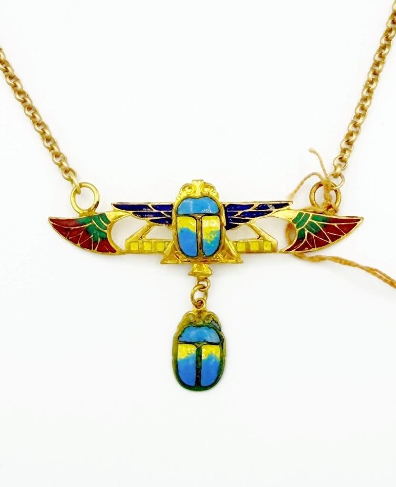 Antique Art Deco French Egyptian Revival Enamel Scarab w/ Wings Necklace NOS