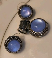 Vintage Pastel Blue Moonglow Lucite Pendant and Earring Trio Set Silver Tone