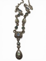 Vintage Inspired Statement Necklace Silver Blue Green Gemstone Teardrop Pendant