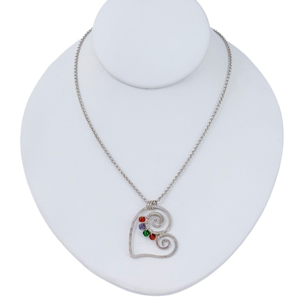 Vintage Sterling Silver 925 Glass Bead Pendant Spiral Heart Necklace 18.5″