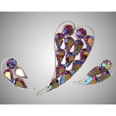 Vintage Pink Iridescent Rhinestone Brooch with Matching Earrings by B. David