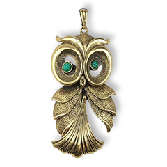 Vintage Green-Eyed Gold Tone Articulating Owl Pendant Super Cute