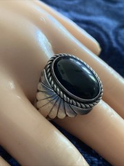 Vintage Navajo Sterling Silver Oval Cabochon Onyx Ring Size 11.25 Signed B