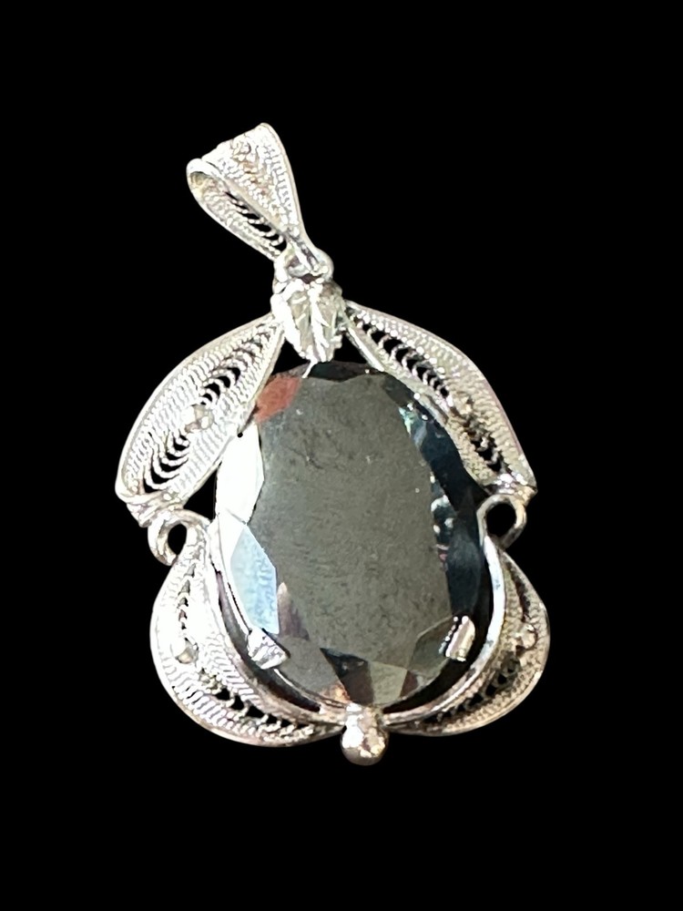Vintage Sterling Sorrento Silver Hematite Stone Filigree Drop Pendant 2″ L ong