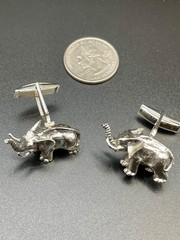 Vintage 3D Elephant Silver Tone Detailed Trunk Up Good Luck Mascot Cufflinks