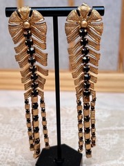 Gold Tone Dangle Drop Pierced Earrings Dramatic Black Crystals 4″L
