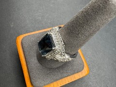 Vtg Style 925 Sterling Silver London Blue Topaz Emerald Cut CZ Halo Ring Sz 10
