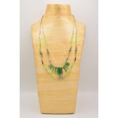 Vintage Green Cabochon Beaded Necklace Green Faux Jade Silver Tone Layered Bin2C