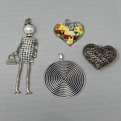 Silver Tone Pendant Lot of 4 Hearts Swirl Articulated Lady Flapper Pure No Chain