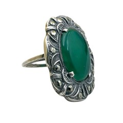 7.2g Antique Vintage Deco 925 Sterling Silver Marcasite Green Onyx Ring S 4.75