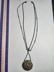 Vintage N A Green Enamel With Glass Accents Pendant Necklace