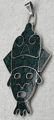 Vintage HOB Mexico 925 Sterling Silver Malachite Pendant Aztec Mayan Face 3.25”