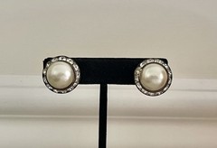 Vintage Pearl Clear Crystal Round Stud Button Cabochon Clip On Earrings 3/4”