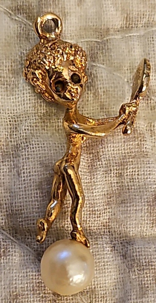 CYVRA Vintage Pendant Fairy Cherub Pixie Looking In Mirror Gold Tone Rare Signed