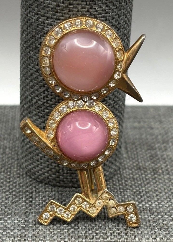 Vintage Pink Jelly Belly Moon Glow Bird Brooch Pin Gold Tone Rhinestone