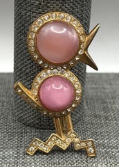 Vintage Pink Jelly Belly Moon Glow Bird Brooch Pin Gold Tone Rhinestone