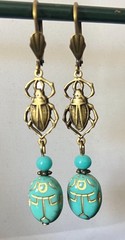 Egyptian Revival Scarab Earrings Antique Turquoise Czech Glass & Brass Filigree