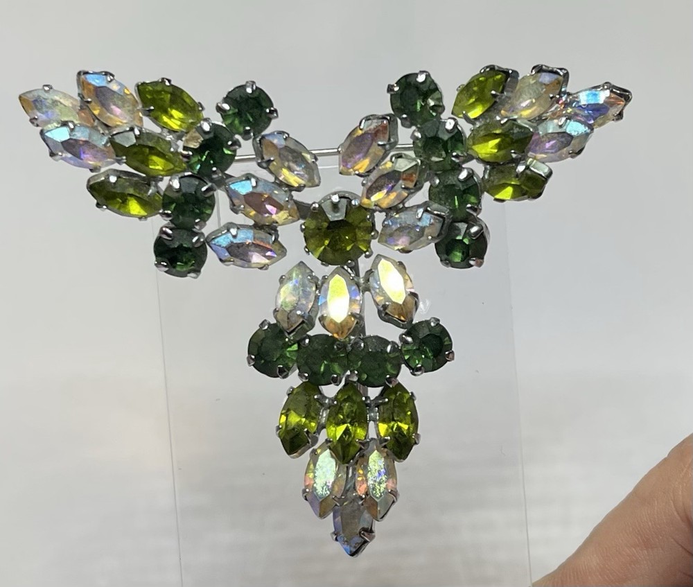Made In Austria Big Crystal Green Vintage Brooch Silver Tone