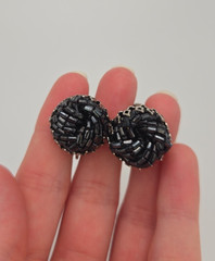Miriam Haskell Silver-Toned with Black Beads Earrings Mid-Century Screw-Back