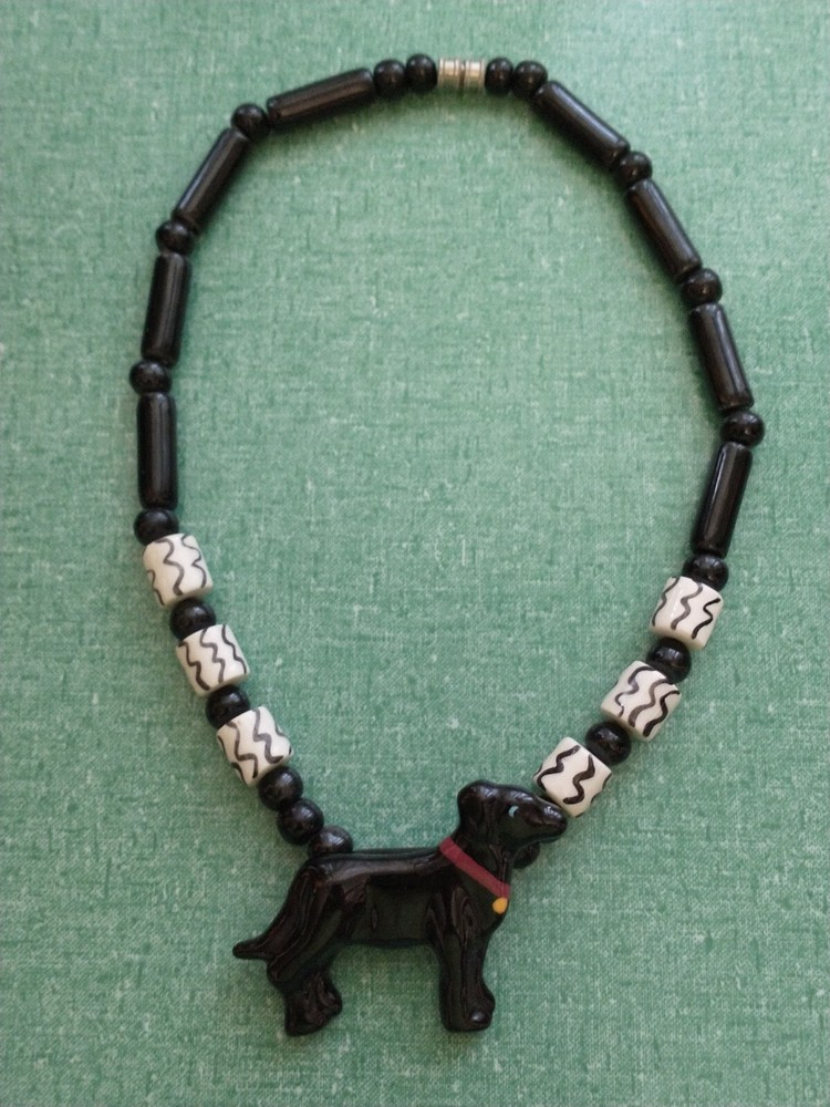 Vtg Flying Colors Dog Necklace Ceramic Black Dog White Accident Beaded Necklace