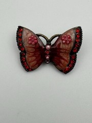 Pink Red Rhinestone Beaded Bronze Colored Butterfly Pin Brooch Missing 1 Bead