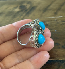 Marcasite Sterlling Silver Chunky Ring, Double Teardrop Turquoise Stone Ring