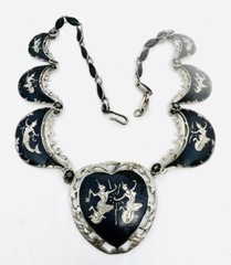 Large Siam Niello Sterling Silver Bib Necklace 43gm Signed Vintage Jewelry