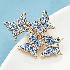 Blue and White Porcelain Style Butterfly Cluster Brooch Gold Tone Enamel Pin