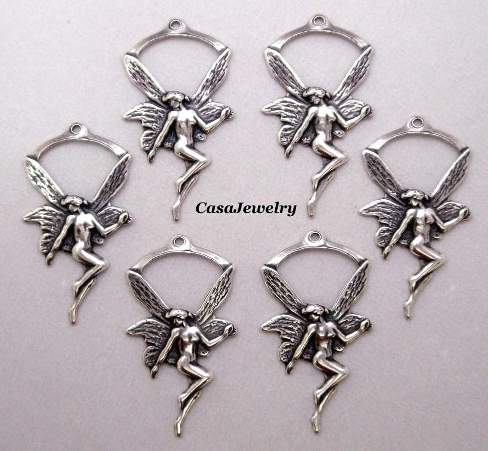 #0449 ANTIQUED STERLING SILVER PLATED PIXIE/NYMPH W/TOP HANG RING – 6 Pc Lot