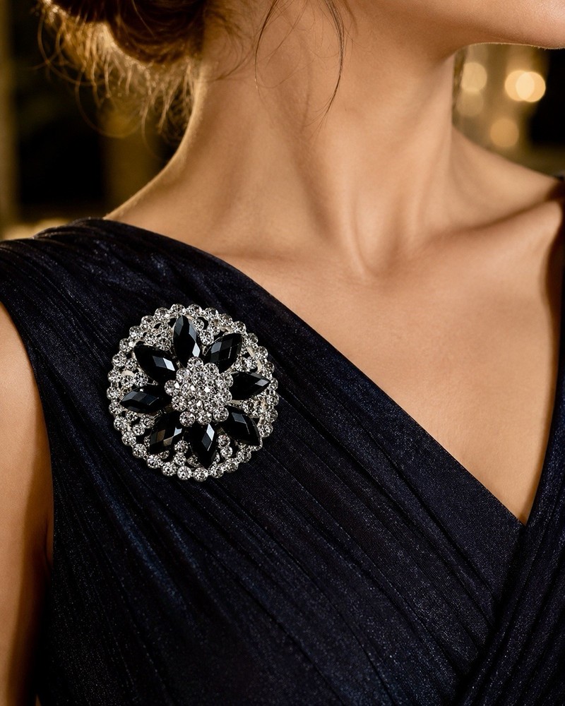 Sparkling Black Marquise And Clear Round Rhinestone Brooch Silver Tone Statement