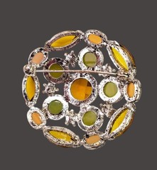 Vintage Round Rhinestone Brooch Green Amber Pink Statement Pin 1.75″ Varied