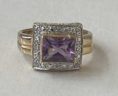 Vintage Cocktail Ring Square Shape Amethyst & Clear Crystals Gold Metal Size 9