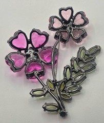 Double Flower Pink And Green Lucite Brooch, Black (Japaned) Colored Metal