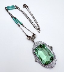 Large Art Deco UG Uranium Glass Rhodium Plated Filigree Necklace Vintage Jewelry