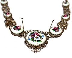 Vintage Unique Russian Enamel Hand Painted Jewelry Set Earrings & Necklace #29a