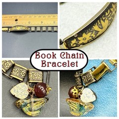Vintage Damascene, Faux Opal Charms & Book Chain Links Bracelet Integrated w New