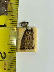 Vintage Hand Made Etched Great Horned Owl Pendent Ceramic Charm .5 Inches