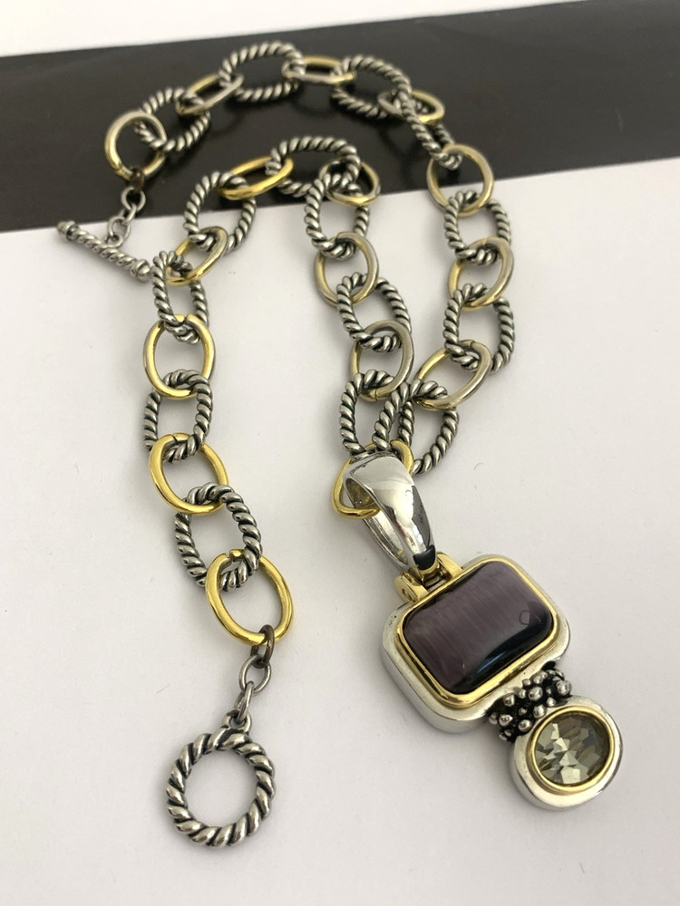 Vintage Silver and Gold Tone Cable Chunky Chain Necklace w/ Purple Stone Pendant
