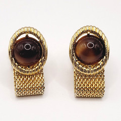 Swank Brown Lucite Tigers Eye Cabochon Center Gold Mesh Wrap Fancy Cufflinks