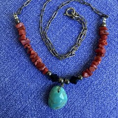 Natural Turquoise Red Coral 925 Sterling Silver Necklace Southwestern Boho