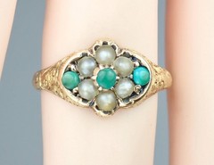 Pretty Antique Victorian 15K Gold Turquoise Pearl Floral Engraved Ring 1869 5.75