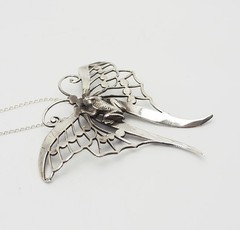 Unusual vintage frog riding a moth sterling silver pendant necklace