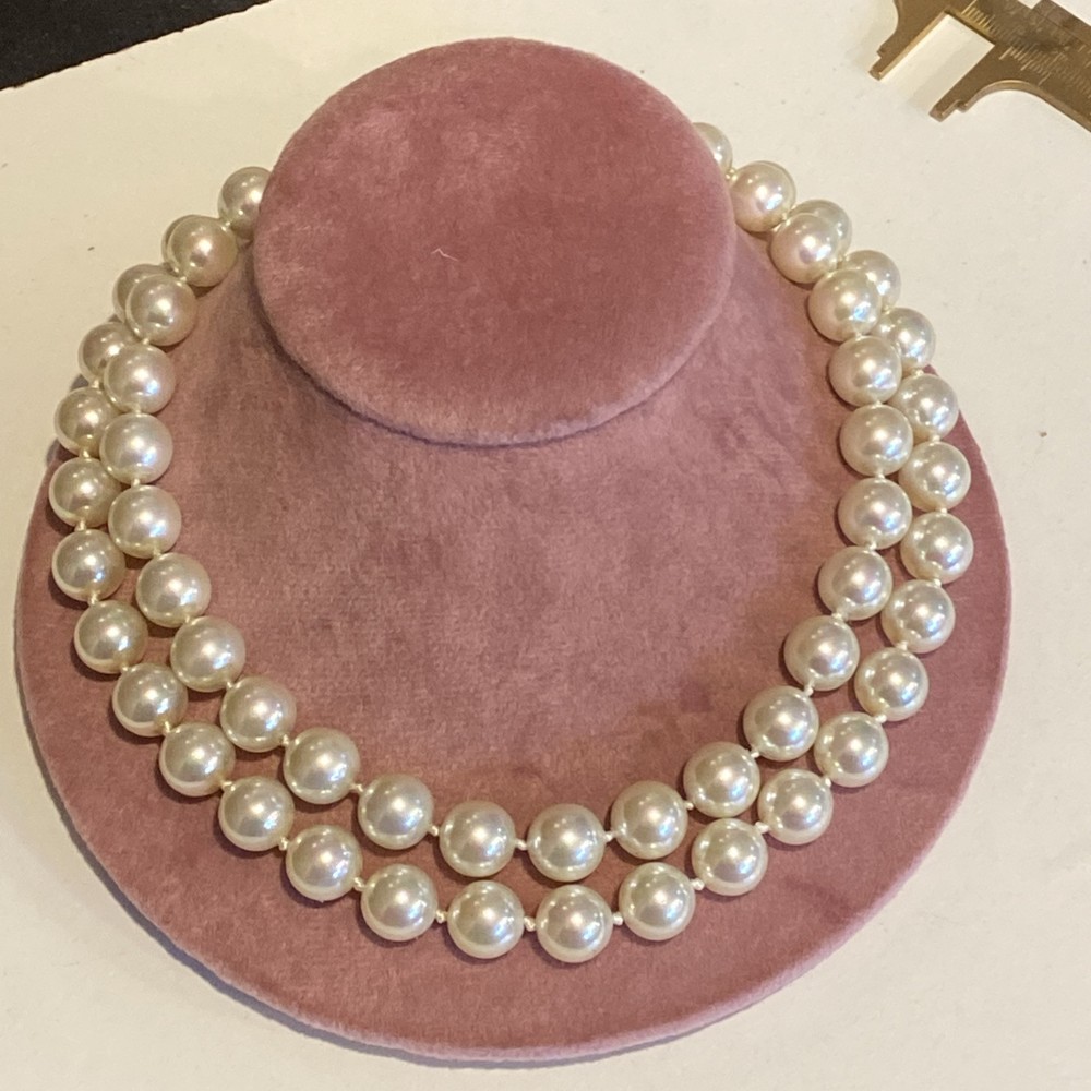 SIGNED CAROL LEE 925 HUGE 10 MM. IRIDESCENT LUSTRE GLASS PEARL KNOTTED NECKLACE