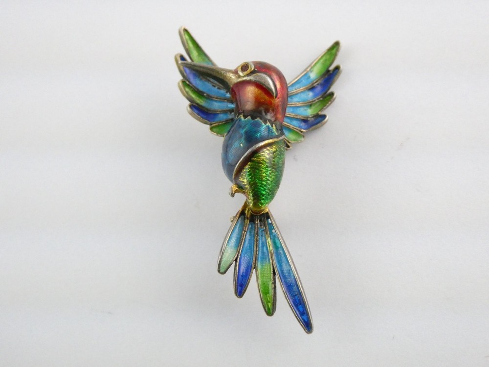 Italian Alioto Adriana Gilt 800 Silver Enameled Hummingbird Pin Brooch 5g 45mm