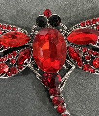 Red Rhinestone Dragonfly Brooch Pendant Faceted Center Stone Silver Tone 2.5″