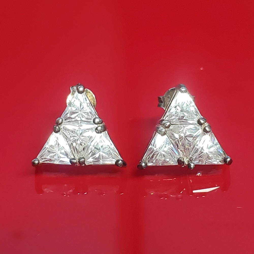 VTG 925 CL Triangle CZ Stud Earrings 0.5in Sterling Silver 5gtw Cluster Estate