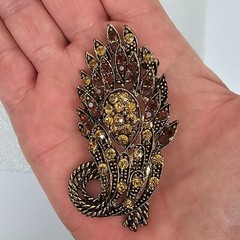 Vintage Yellow Brown Crystal Rhinestone Floral Big Brooch Pin Pendant Gold Tone